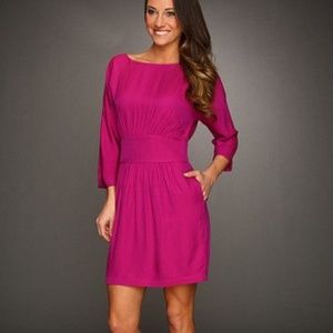 Halston Heritage Silk Blend Blouson Dress in Bright Magenta